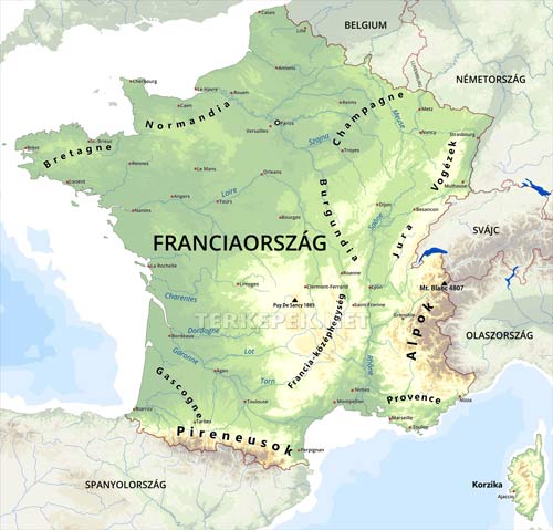 Franciaország domborzati térképe
